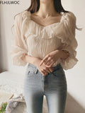 2022 New Korea Design Shirts Blouses Women Fashion Elegant Sweet Japan Girls Solid Off Shoulder Cute Ruffles Chic Tops
