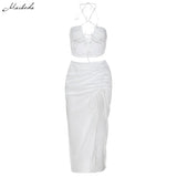Spring Sexy Solid Two Pieces Set Women Slim Halter Hollow Out Crop Top And High Waist Split Long Skirt Outfit 2021