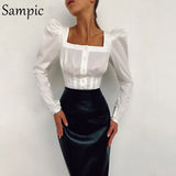 Elegant Autumn 2020 Fashion Square Collar Long Puff Sleeve White Blouse Shirt Sexy Ladies Club Black Skinny Baisc