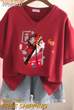 100% Cotton M-6XL T Shirt Print Tshirt Short Sleeve Women's Top Summer Chinese Style Couple V Neck Oversized T Shirts-Outfit
