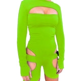 hirigin Women Bodycon Buckle Cut Out Biker Rompers Sexy Long Sleeves Hollow Out Clubwear Bodysuit One Piece Short Jumpsuit