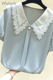 Women Casual Solid Loose Short Sleeve Chic Chiffon Shirt 2023 Summer Fashion Clothes Lace Patchwork All-match Sweet Blouses Tops 1028-0-Outfit