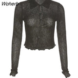 Puss Knitting See Through Black T-Shirts Women Fall Trend Long Sleeve Ruffles Skinny Tops Button Soft Casual Autumn Tees-Outfit