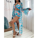 New 3 Pcs Long Sleeve Bikini Cover Up Swimwear Women Print Beach Wear Set High Waist Shorts Bandage Swimsuit Bathing