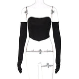 Diamond Patchwork Women Long Gloves Sleeve Off Shoulder Crop Tube Top Bodycon Sexy Party Elegant Evening 2021