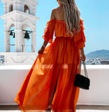 hirigin Women Slash Neck Split Floor Length Ruffle Long Dress Lace Up Casual Beach Solid Color Style Dress Summer Vestidos