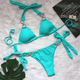 Woherb New Swimsuit Sexy Crystal Diamond Solid Color Strap Bikini Beach Vacation Swimsuit
