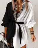 Geometric Print Lantern Sleeve Belted Shirt Dress Women Fashion Casual High Waist Mini Dress-Outfit