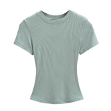 Trend Women's Wear Thread Slim Short-Sleeved T-Shirt Sexy Round Collar Solid Color Shoulder Show Thin Short Navel Blouse-Outfit