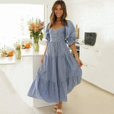 Elegant Square Collar Plaid A-Line Summer Spaghetti Midi Dress For Women 2023 Short Sleeve Ruffle Backless Boho Party Dress-Outfit