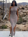 Kliou Solid Elegant Maxi Dress Women Inclined Shoulder Sleeveless Body-Shaping Side Split Robe Partywear Female