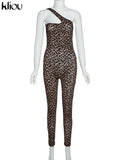 Kliou Flocking Mesh Jumpsuit Inclined Shoulder Leopard Style Patchwork One Piece Clothing Sexy Midnight Clubwear Female