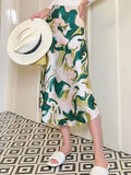 Women Summer Mid-length Satin Floral Trumpet Skirt Casual High Waist Printed Long Skirt QT1855-Outfit