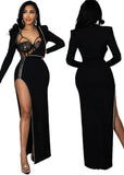 Sexy Lace See Through Straps Bodysuit and Long Sleeve Beaded Slit Long Dress 2 Piece