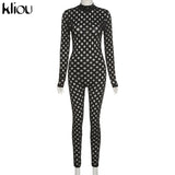 Kliou See Through Hollow Out Sexy Zipper Jumpsuit Women Turtleneck Net Plaid Hole Skinny Elastic Club Streetwear