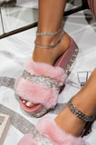 Designer Women Fur Rhinestone Slippers Platform Wedges Heel Solid Fluffy Furry Slides Outside Sexy Shoes Ladies