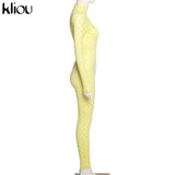 Kliou See Through Hollow Out Sexy Zipper Jumpsuit Women Turtleneck Net Plaid Hole Skinny Elastic Club Streetwear