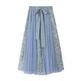Spring Dress New Bow Tie With High-Waisted Lace Embroidery Splicing Mesh Dress Skirt