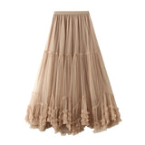 Swing Design Fashion Mesh Dress Sweet Wooden Ear Lace A Word Big Swing Ponum Skirt