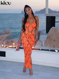 Kliou Unique Style Geometric Maxi Dress Women Elegant Spaghetti Strap Cleavage Backless Hollow Out Robe High Street Lady