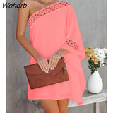 Women Summer Contrast Lace One Shoulder Casual Dress 2022 Lady Fashion Mini Oversized Dress Robe Femme Street wear Clothing-Outfit