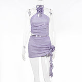 sexy Skirt Tops Set Halter Neck Flower Skirt Two Piece Set European Style Pleated Gorgeous Fashion Slim-Fit Set YY23018PF-Outfit