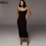 Kliou strap backless sexy bodycon midi long dress new women high waist cotton striped dresses elegant fashion party